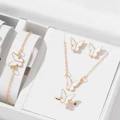 5-piece butterfly pendant jewellery set for women, including necklace, earrings, ring, and bracelet in various colours