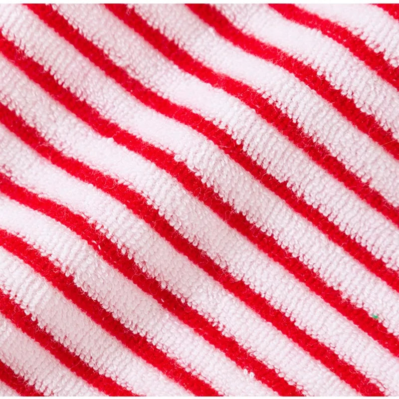 Red striped warm fleece pet clothing for small dogs and cats with two leg openings and embroidered pocket