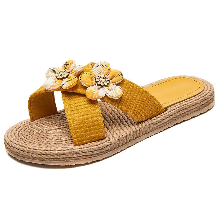 Solid colour summer women's slippers with rope bottom, cotton cloth upper, flowers pattern, and TPR sole
