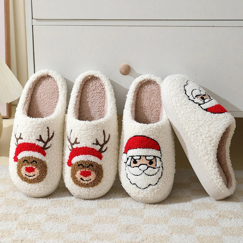 Cozy Christmas home slippers with festive designs, including Santa Claus, Moose, and Gingerbread Man patterns