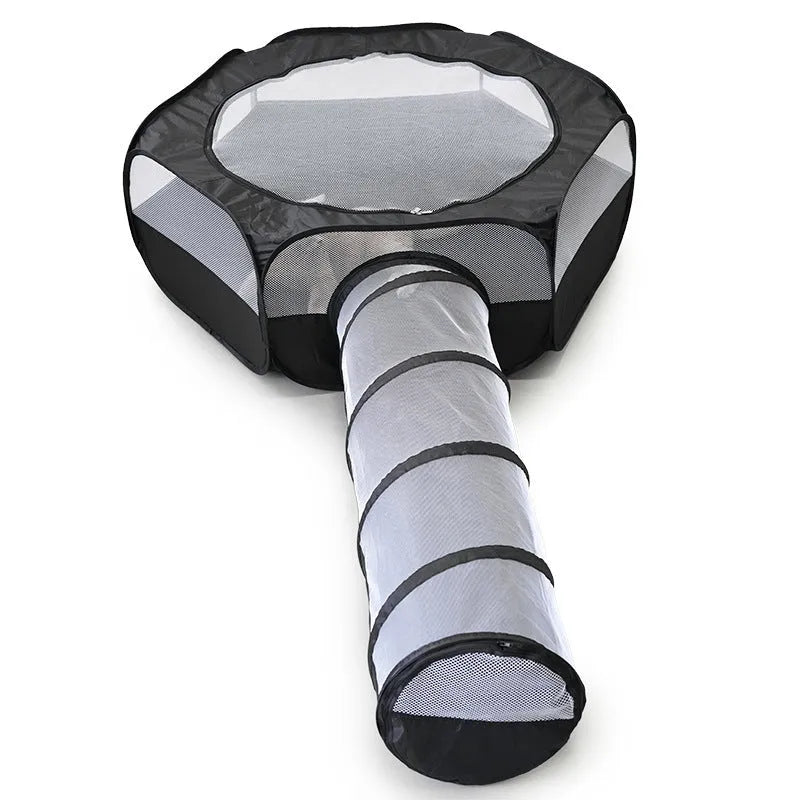 Grey foldable 30cm cat tunnel made of polyester, shown with a tent section and tunnel opening for indoor play