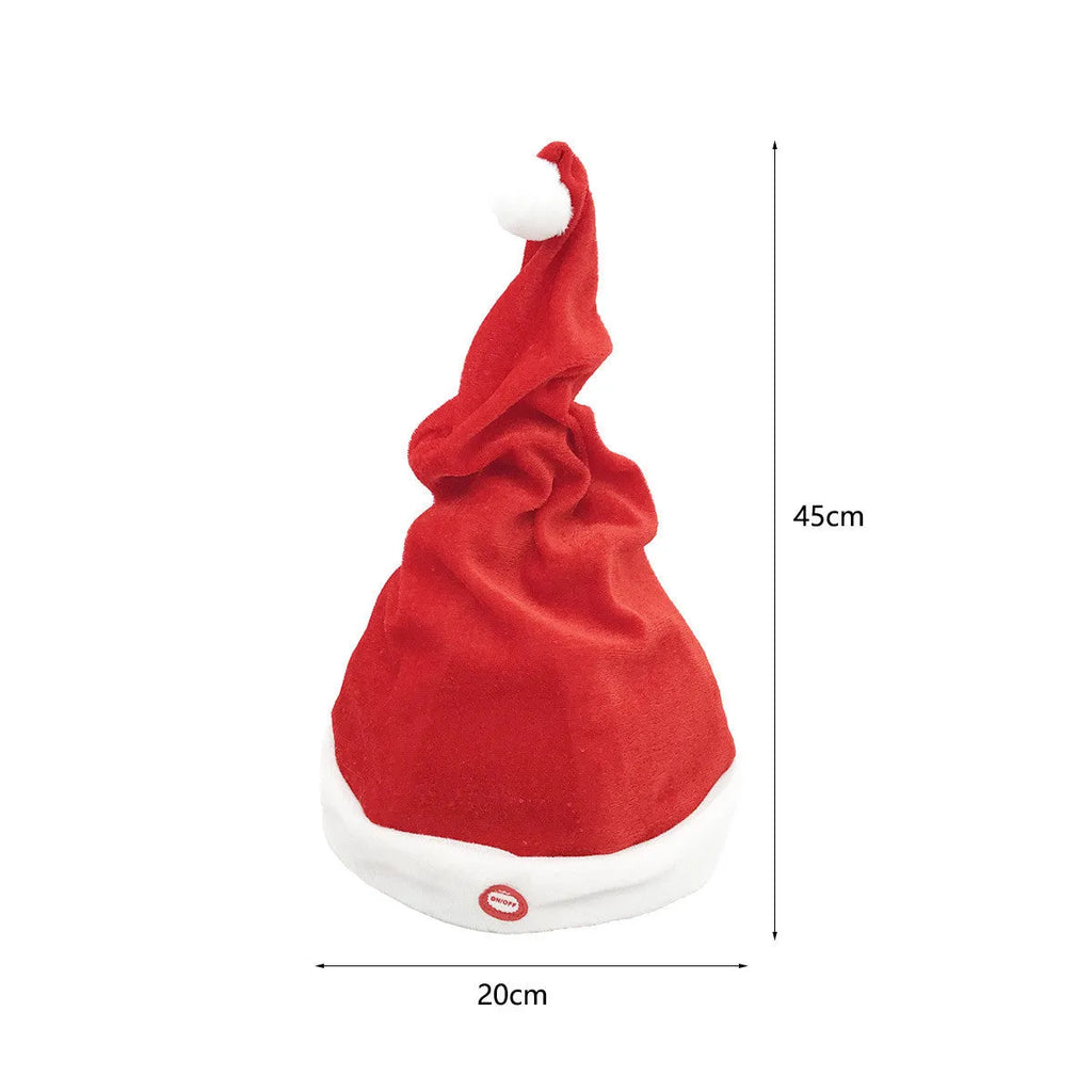 Red plush swing electric Christmas hat with battery music and long fluff style