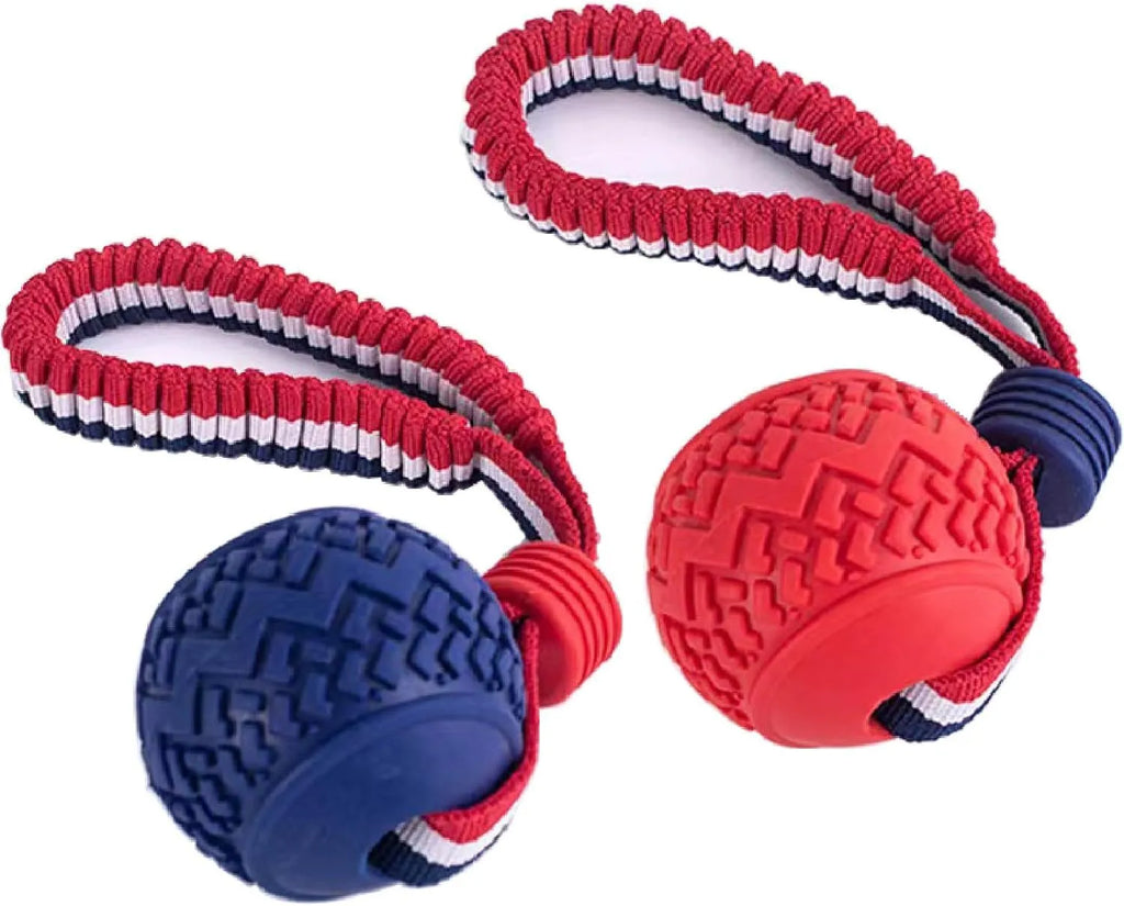 Blue dog ball with rope toy showing textured rubber ball and rope handle