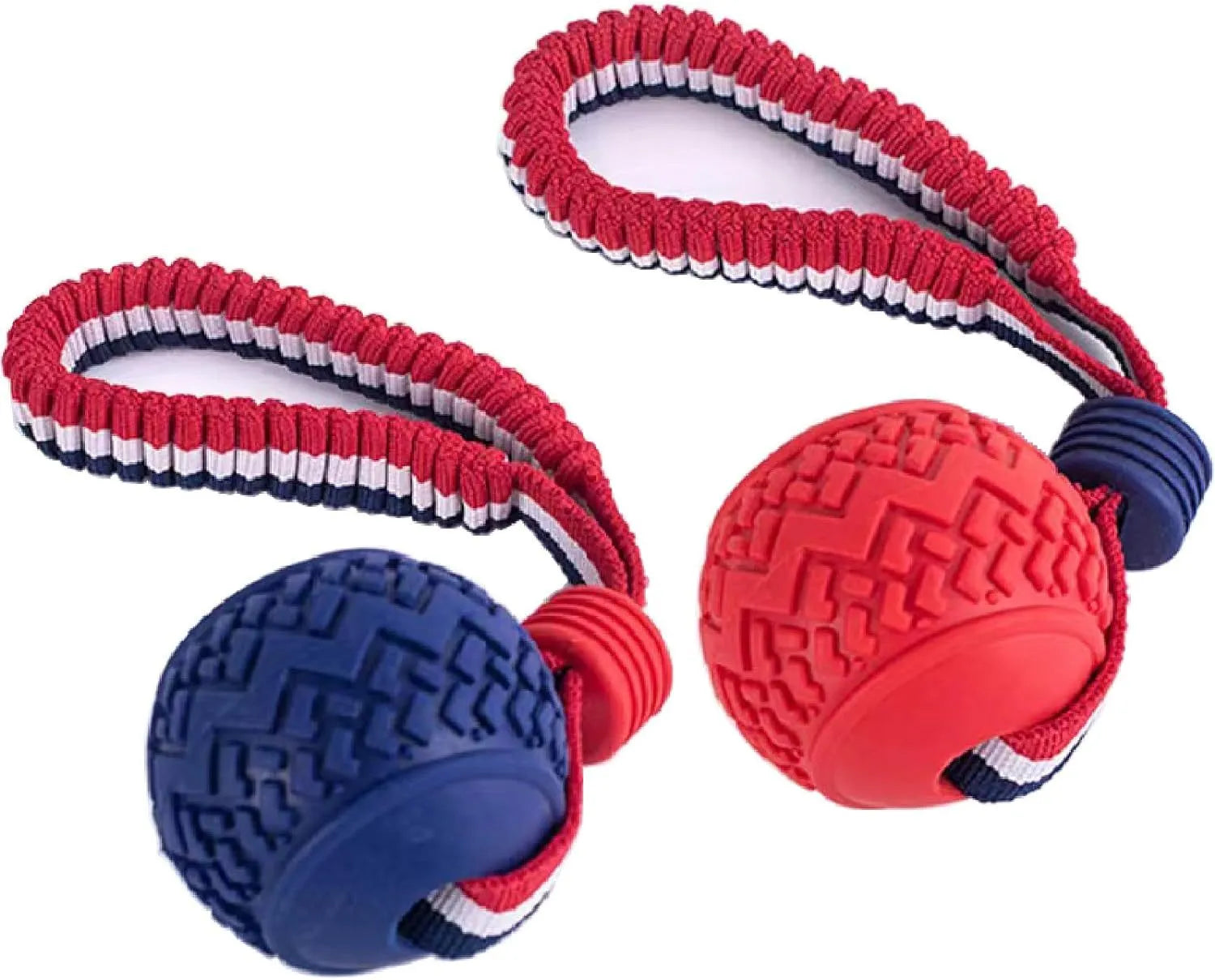 Blue dog ball with rope toy showing textured rubber ball and rope handle