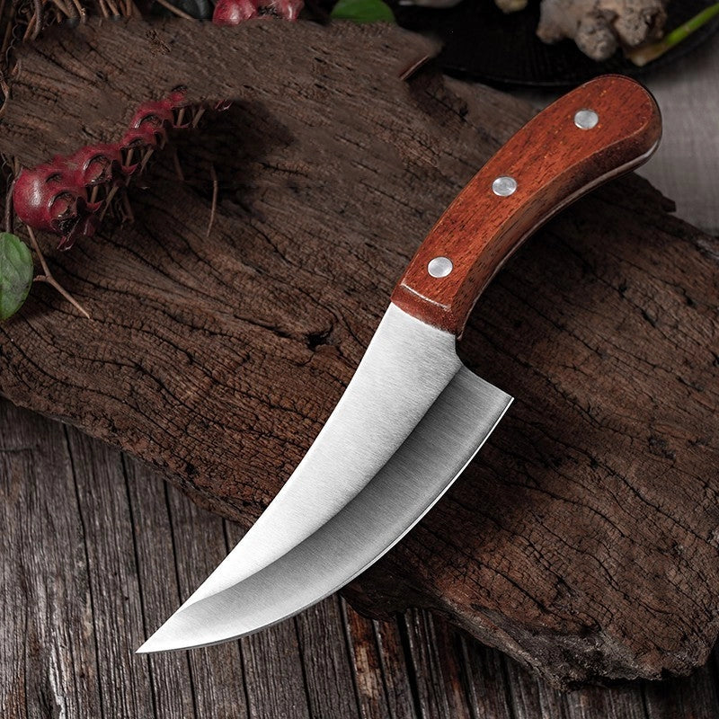MCD108 small vegetable knife with forged leather sheath, 5Cr15 martensitic steel blade, and solid wood handle