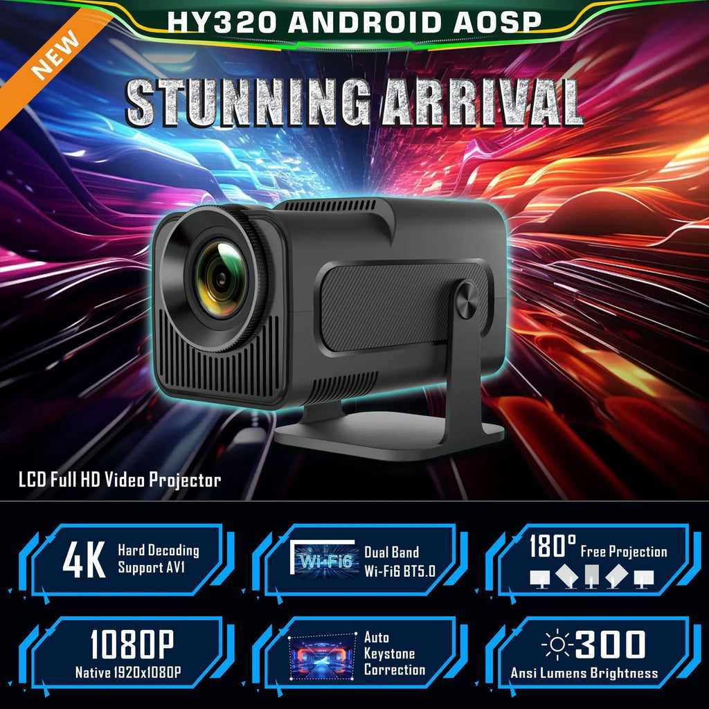 HY320 Android smart projector with 1080p resolution, 390 ANSI lumens, and rotatable PTZ bracket