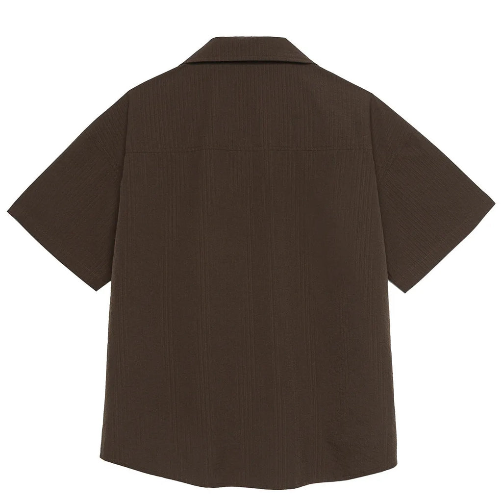 Brown striped outdoor waterproof short sleeve shirt with Cuban collar for mountain camping