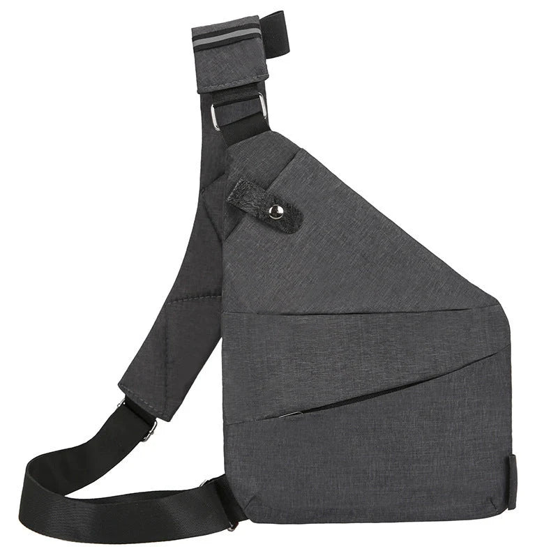 Men's multifunctional shoulder bag in dark grey and black, featuring breathable canvas material and multiple compartments.