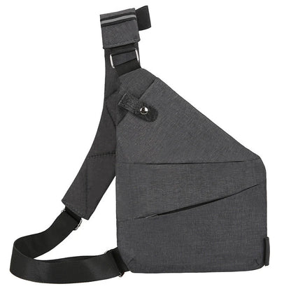Men's multifunctional shoulder bag in dark grey and black, featuring breathable canvas material and multiple compartments.