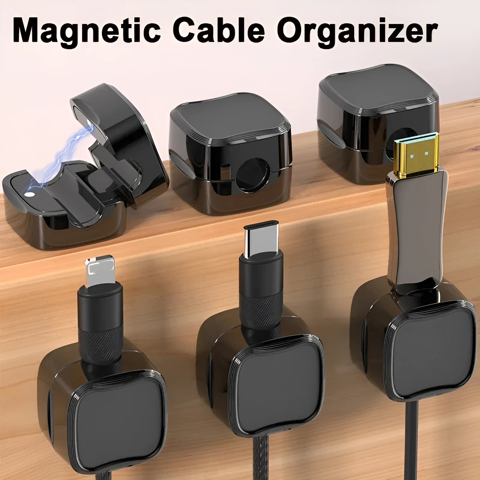 Black and white magnetic cable clips with adhesive backing for under desk wire organisation