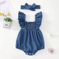 Blue denim ruffled romper with matching headscarf two-piece set for baby summer wear cotton fabric
