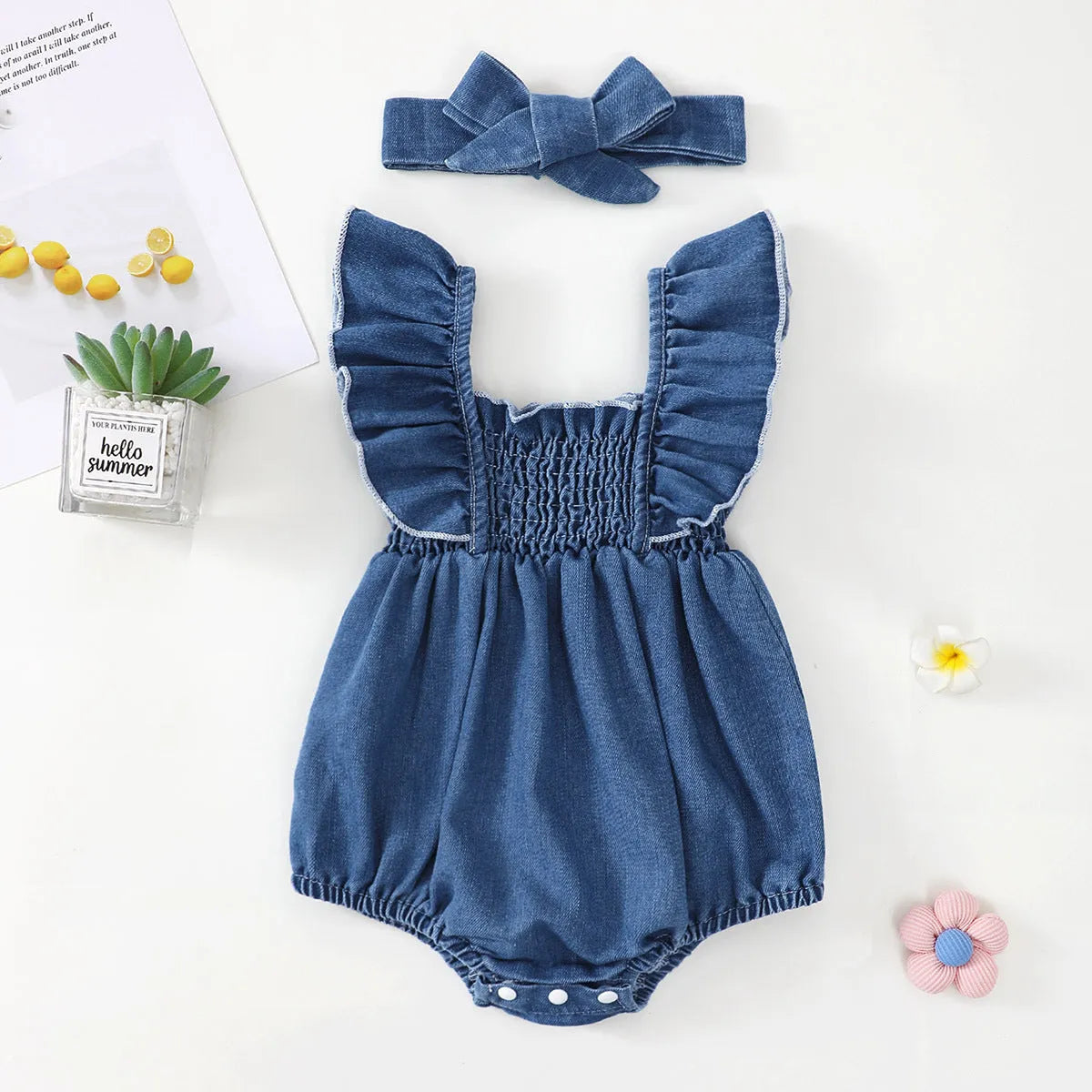 Blue denim ruffled romper with matching headscarf two-piece set for baby summer wear cotton fabric