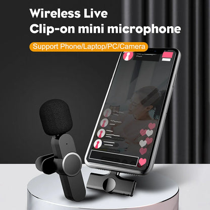 Wireless lavalier microphone with clip for smartphones, providing clear sound and long Bluetooth range for online meetings, video recording, and podcasting