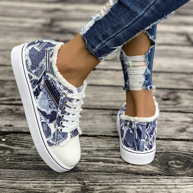 Plus size flat canvas shoes low top animal print Denim Blue side view