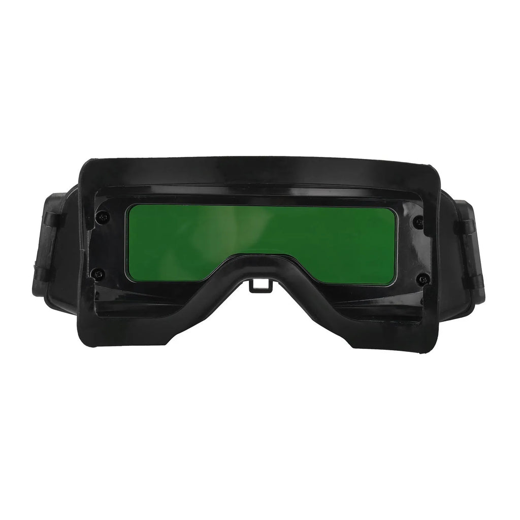 Black automatic changing light welding mask glasses showing large viewing area and headband