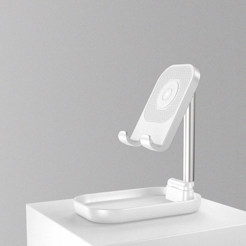 Folding portable wireless charging mobile phone holder in pink, white, and black