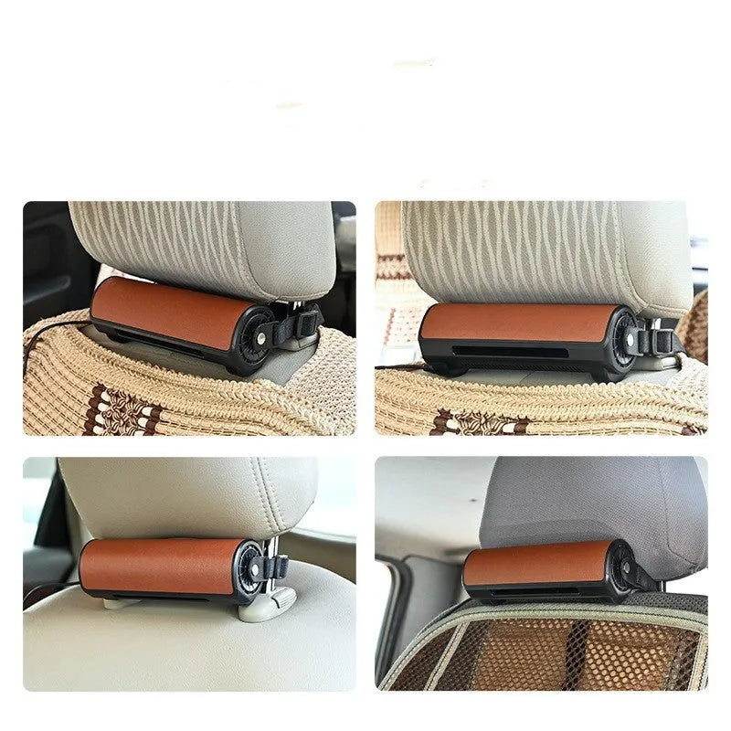Bladeless car ventilation fan with USB cable in black colour showing compact design
