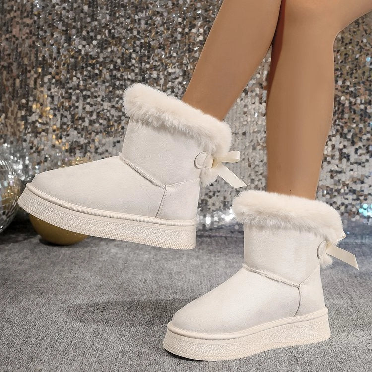 Women's winter snow boots with bowknot design in beige and black