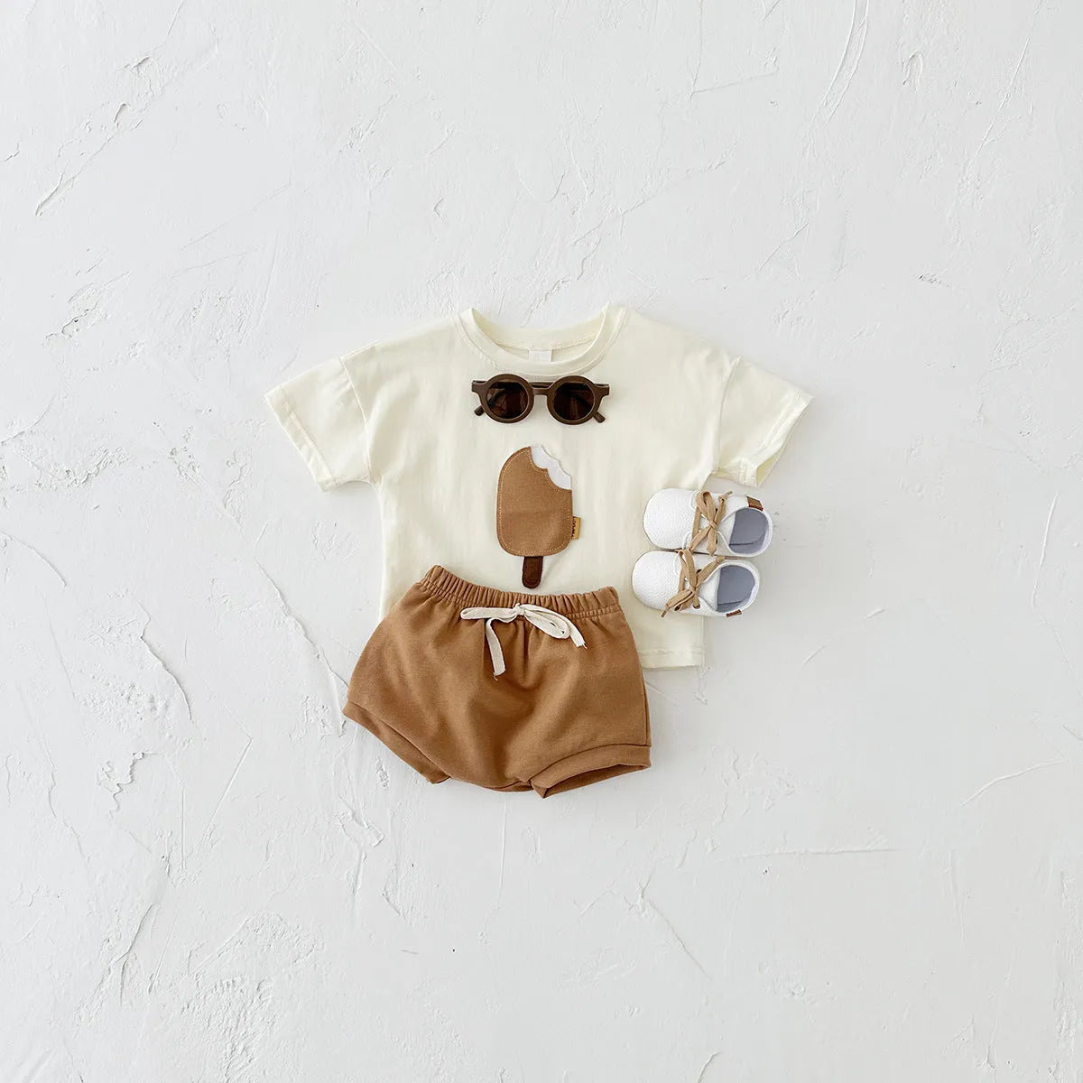 Girls' cotton shorts suit with ice cream patch in apricot, olive and white colours