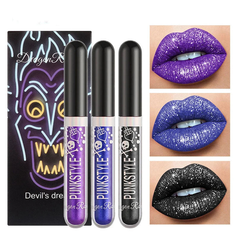 Three sets of Halloween diamond lip gloss tubes in colours A, B, C, D with 2ml each and 44mm by 16.5mm by 101mm size
