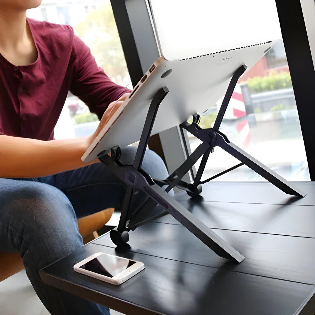 Sagacious black portable folding laptop bracket shown open and closed with its carrying case.