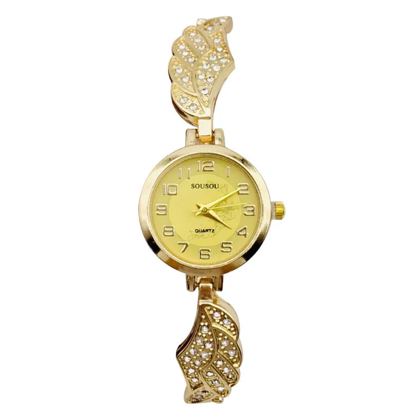 Stainless steel women's watch with round dial on a metal strap with Vachette clasp, shown in gold colour.