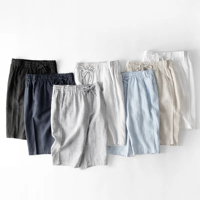 Men's loose-fit linen beach capri trousers in a straight-leg style, shown in a light colour.