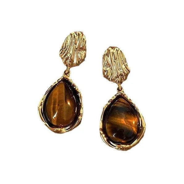 Handmade women's geometric tassel earrings in three colour styles: Maillard blooming, French irregular Amber, and water drop Tigereye