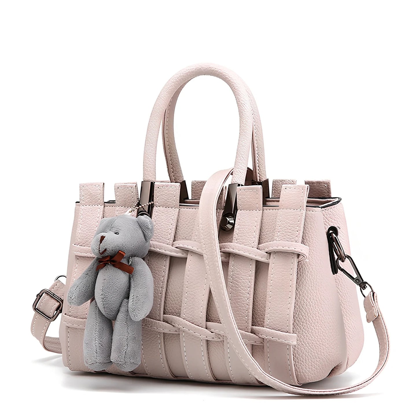 Women's black PU leather shoulder handbag showing four internal organisational compartments and adjustable strap