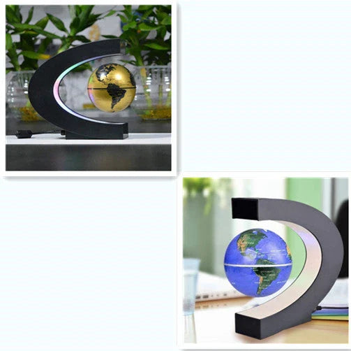 Magnetic levitation globe floating above base with LED light on