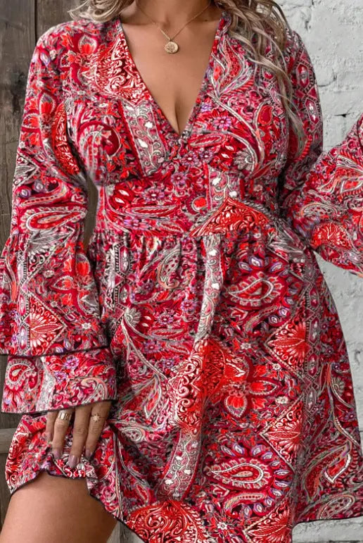 Plus size women's dress with bell sleeves and V-neck in red, yellow, or green colour options
