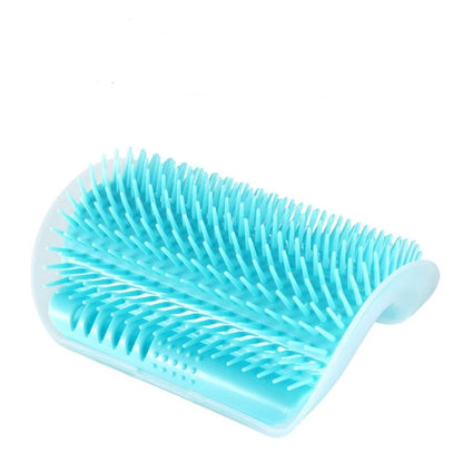 Wall-mounted cat self-grooming brush with soft rubber bristles and catnip attraction