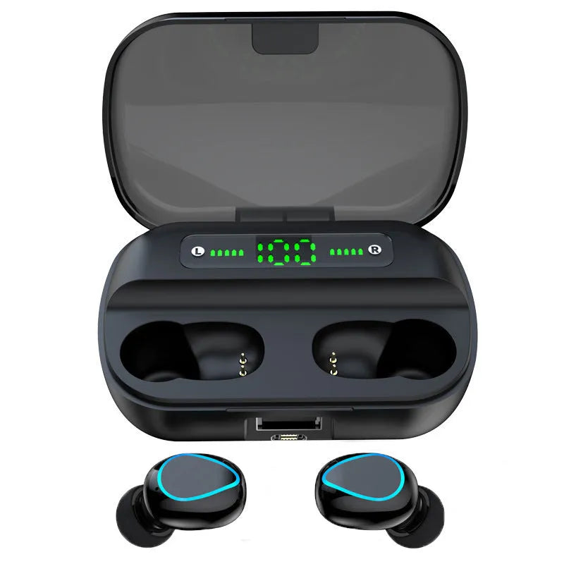 Black wireless Bluetooth headset with in-ear design showing Bluetooth 5.0 and 10m range features