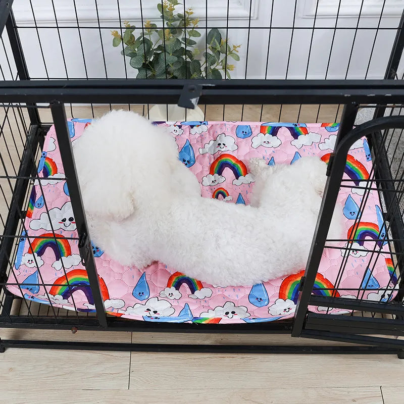 Reusable waterproof pet training pad with animal print design on a wooden floor