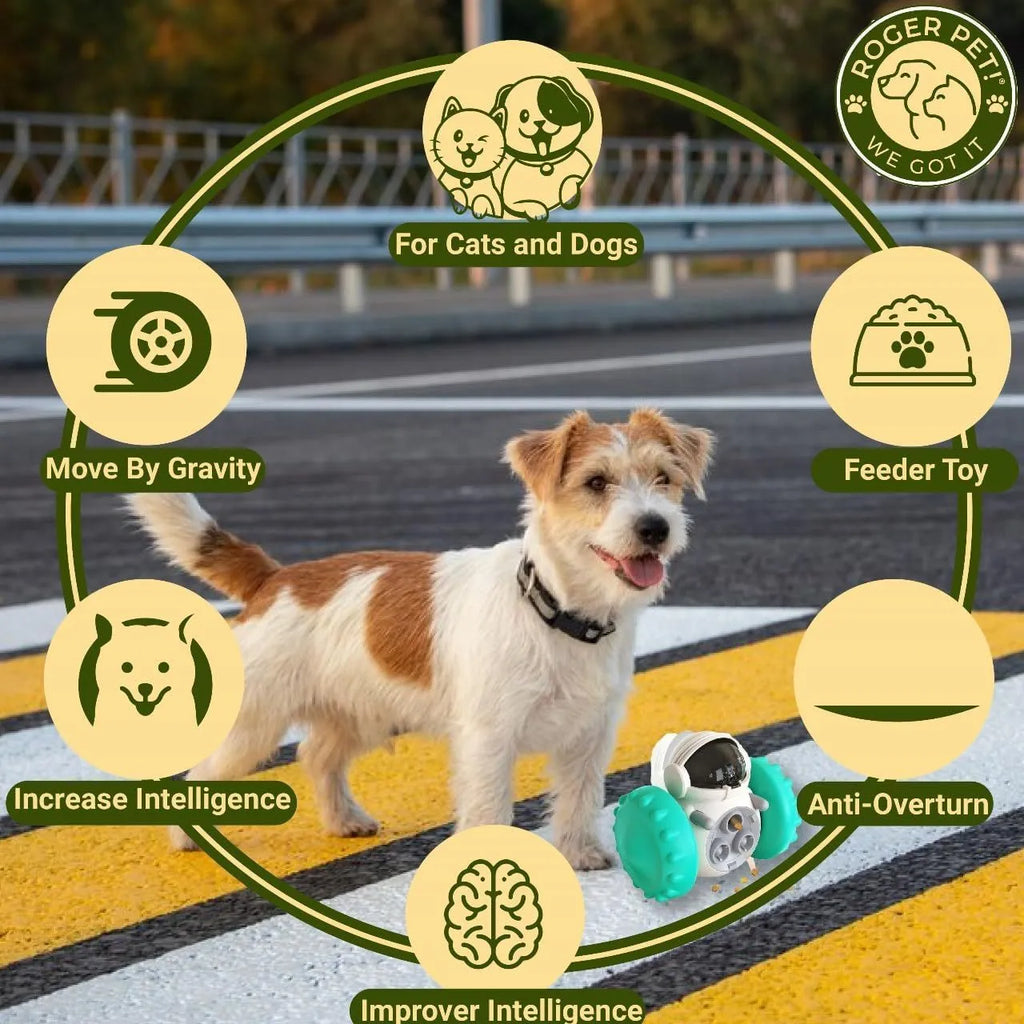 A robot-shaped, self-balancing dog and cat treat dispenser toy in various colours, shown with dry food.