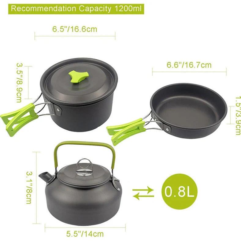 Green folding aluminium alloy camping pot set for 2-3 people showing compact storage size