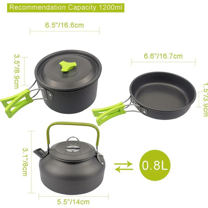 Green folding aluminium alloy camping pot set for 2-3 people showing compact storage size