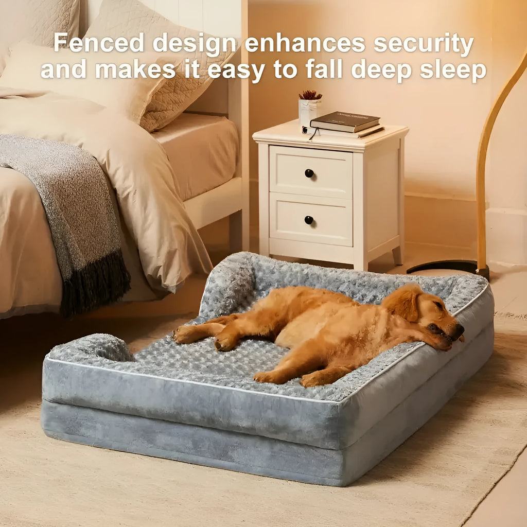 Waterproof dog kennel mat with removable cover in light grey, shown in a large dog crate.