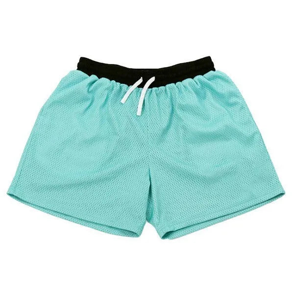Men's solid colour mesh quick-drying running shorts in black, shown on a hanger.