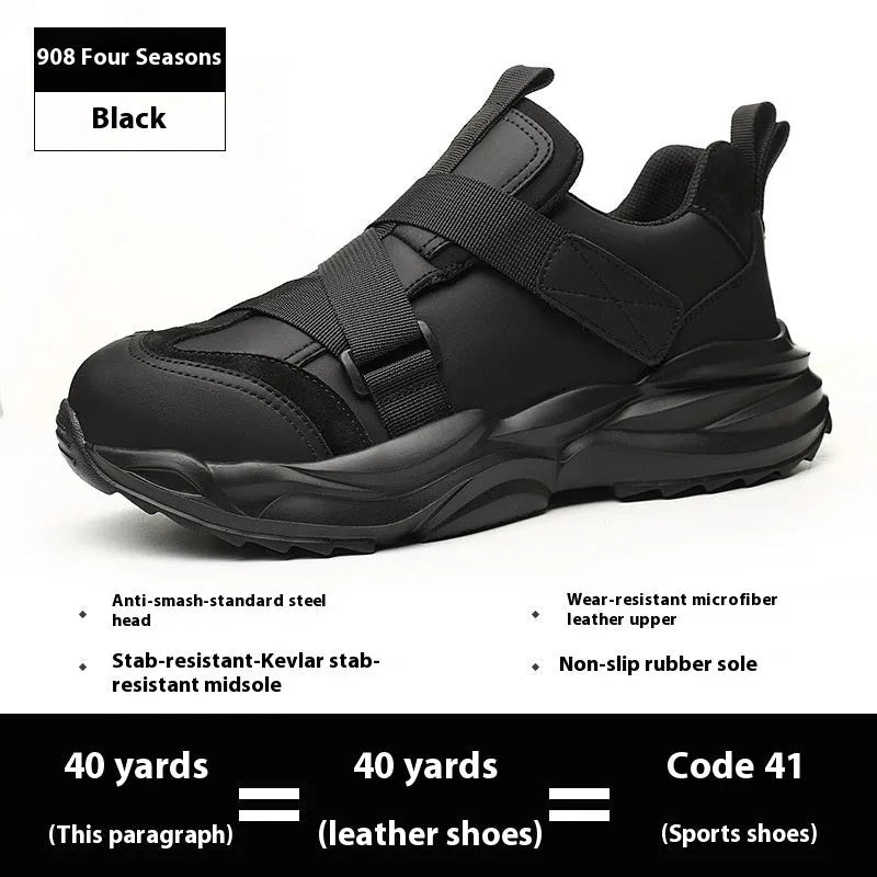 Black safety work shoes with steel toe caps, buckle fastening, and mesh uppers showing protective features