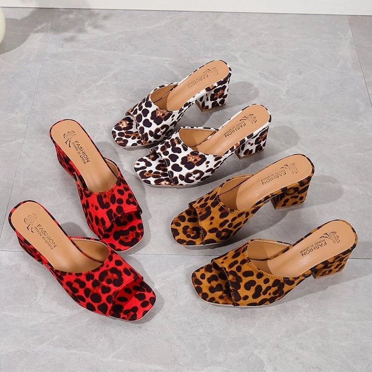 Leopard print square toe sandals with chunky heel for women in white, red, and camel
