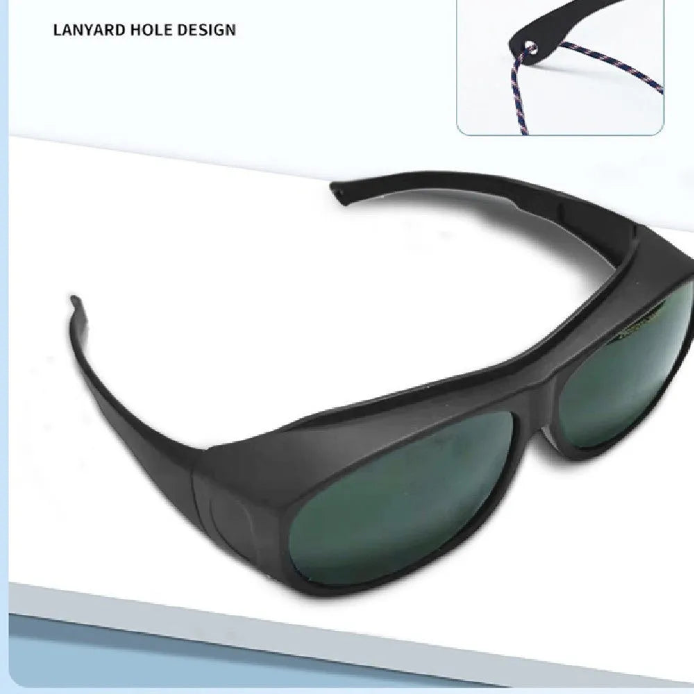 PC laser protection goggles for 200-2000nm optical radiation, includes cleaning cloth.