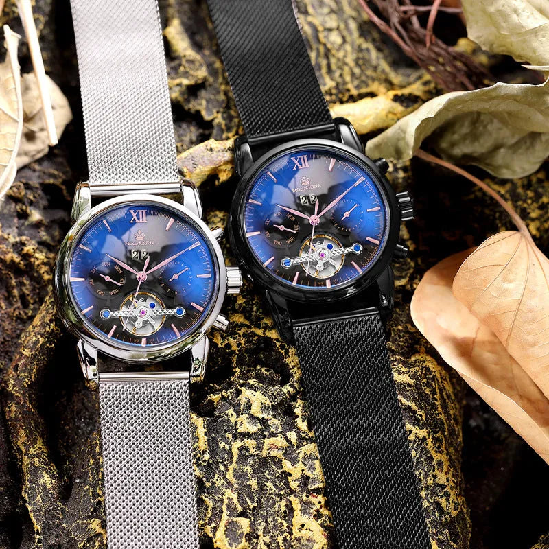 Mechanical tourbillon watch for men with genuine leather strap and mineral glass mirror, black dial, calendar display
