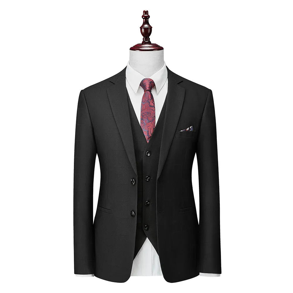 Men's navy blue plaid slim fit three-piece suit featuring a vest, jacket, and trousers on a hanger.