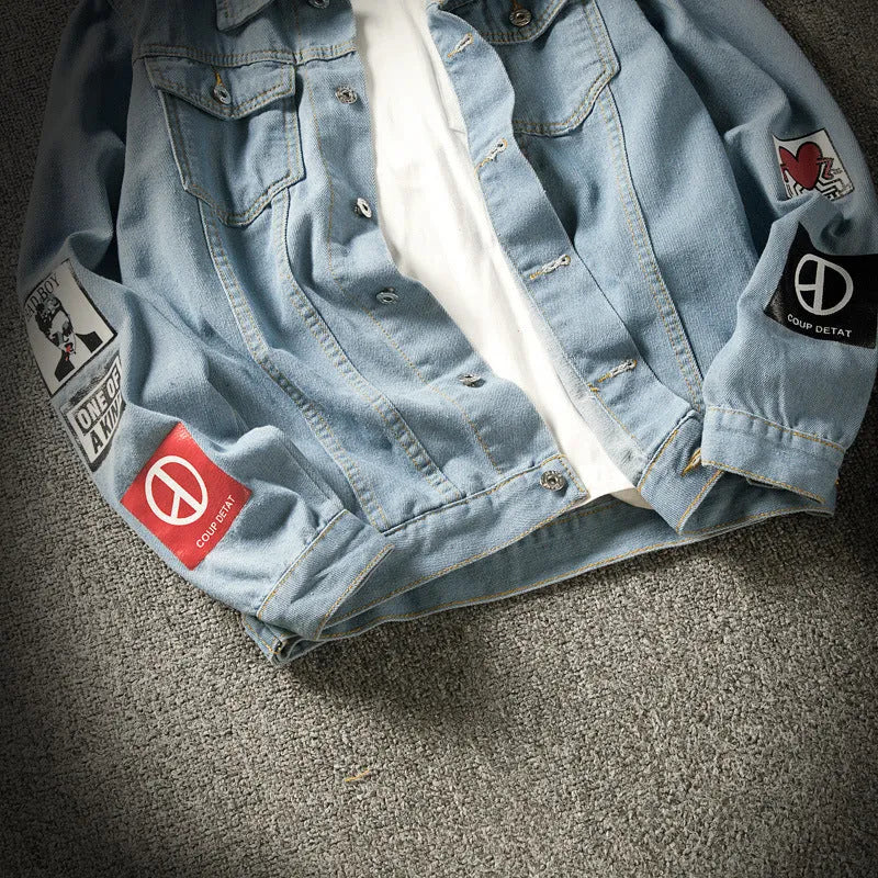Men's blue denim jacket with lapel collar, single-breasted front, and side seam pockets on a model