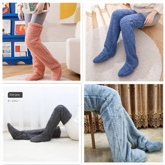 Over knee high fuzzy long socks in various colors for winter warmth