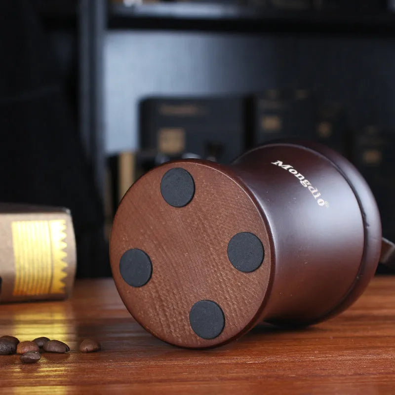 Manual coffee machine with solid wood barrel grinder and hand crank in coffee colour