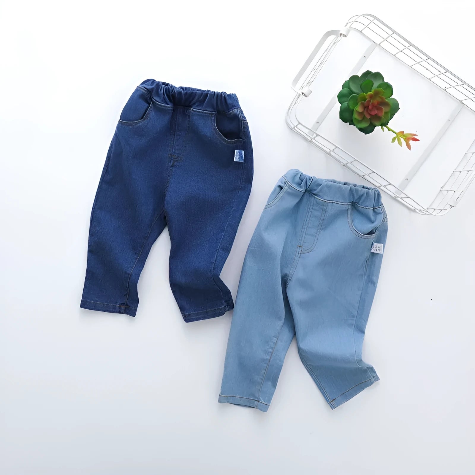 Children's casual straight jeans in blue, 95% cotton, elastic waistband, Korean style
