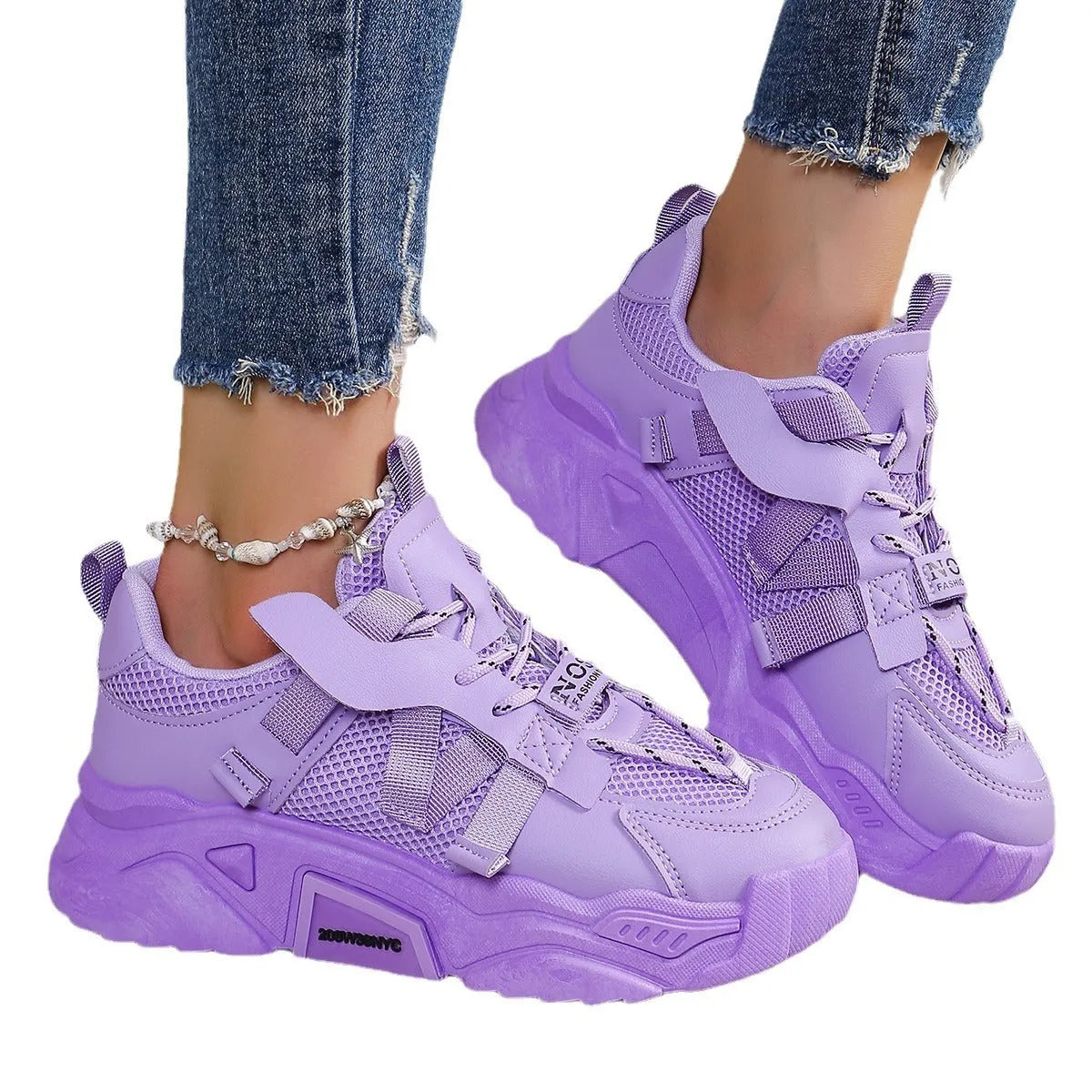 Women's purple platform mesh dad shoes with animal pattern and lace-up front