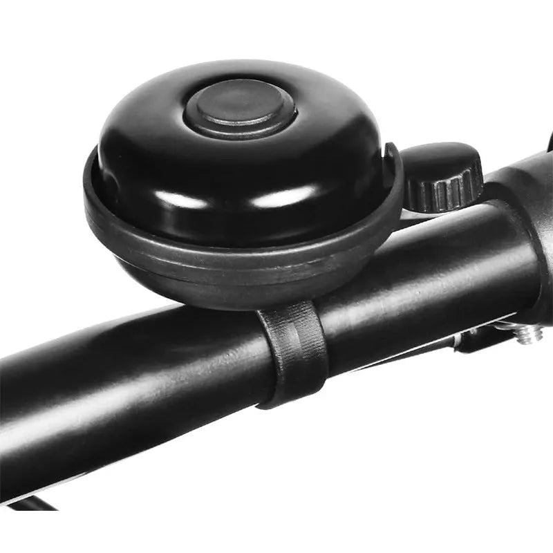 Black ABS plastic bicycle bell with external mounting bracket for 22mm handlebars